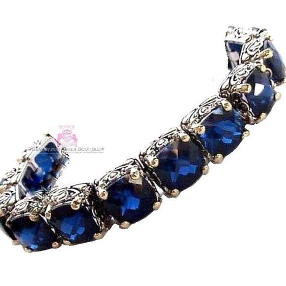 Cubic Zirconia Checkerboard Cut Dk. Sapphire Blue Throne Room Tennis CZ Bracelet - Picture 3 of 5